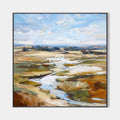 Original hand painted amber ochre marsh landscape oil painting canvas wall art, elegant modern nordic scandinavian luxury living room i