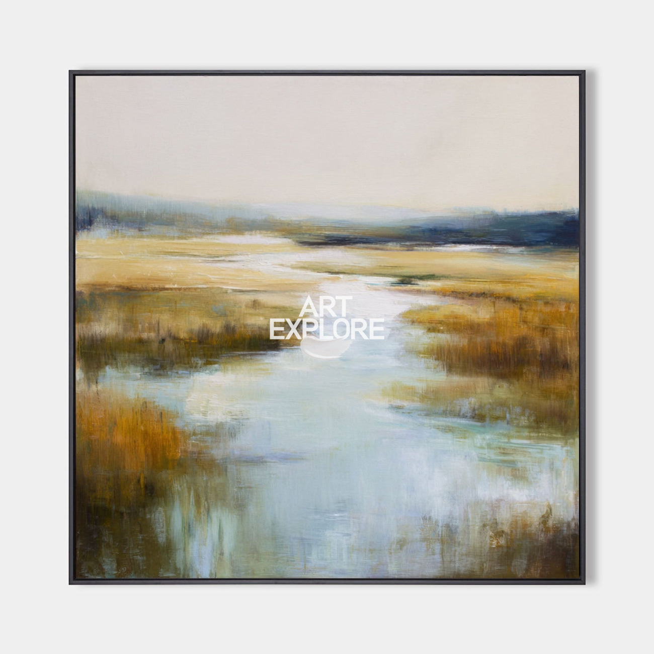 Original hand painted golden coastal marsh oil painting canvas wall art, abstract nordic scandinavian elegant luxury modern living room