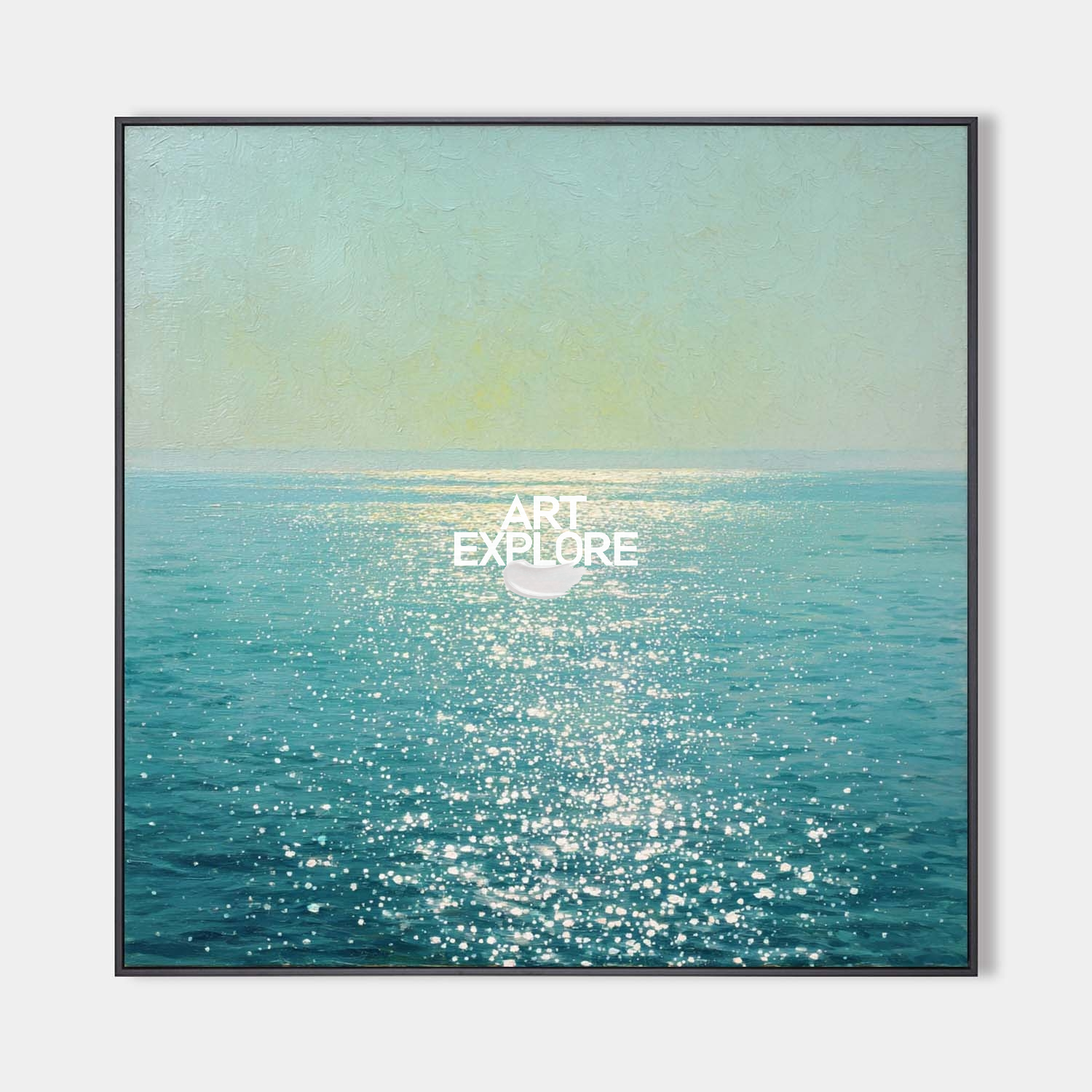Original hand painted teal ocean oil painting canvas wall art, sparkling sea light reflections, nordic scandinavian elegant luxury mode