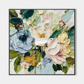 Hand painted original floral oil painting canvas, blush ivory blue gold botanical blooms, elegant luxury modern scandinavian nordic wal