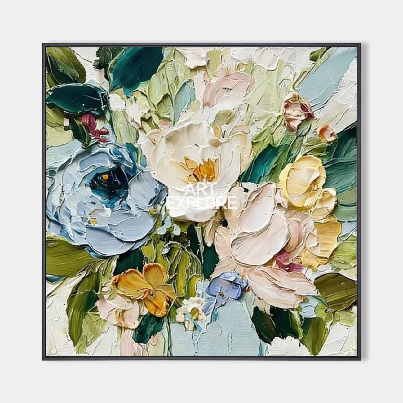 Hand painted original floral oil painting canvas, blush ivory blue gold botanical blooms, elegant luxury modern scandinavian nordic wal