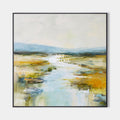 Original hand painted abstract valley oil painting, amber gold tones, winding river, blue mountains, elegant luxury modern nordic scand