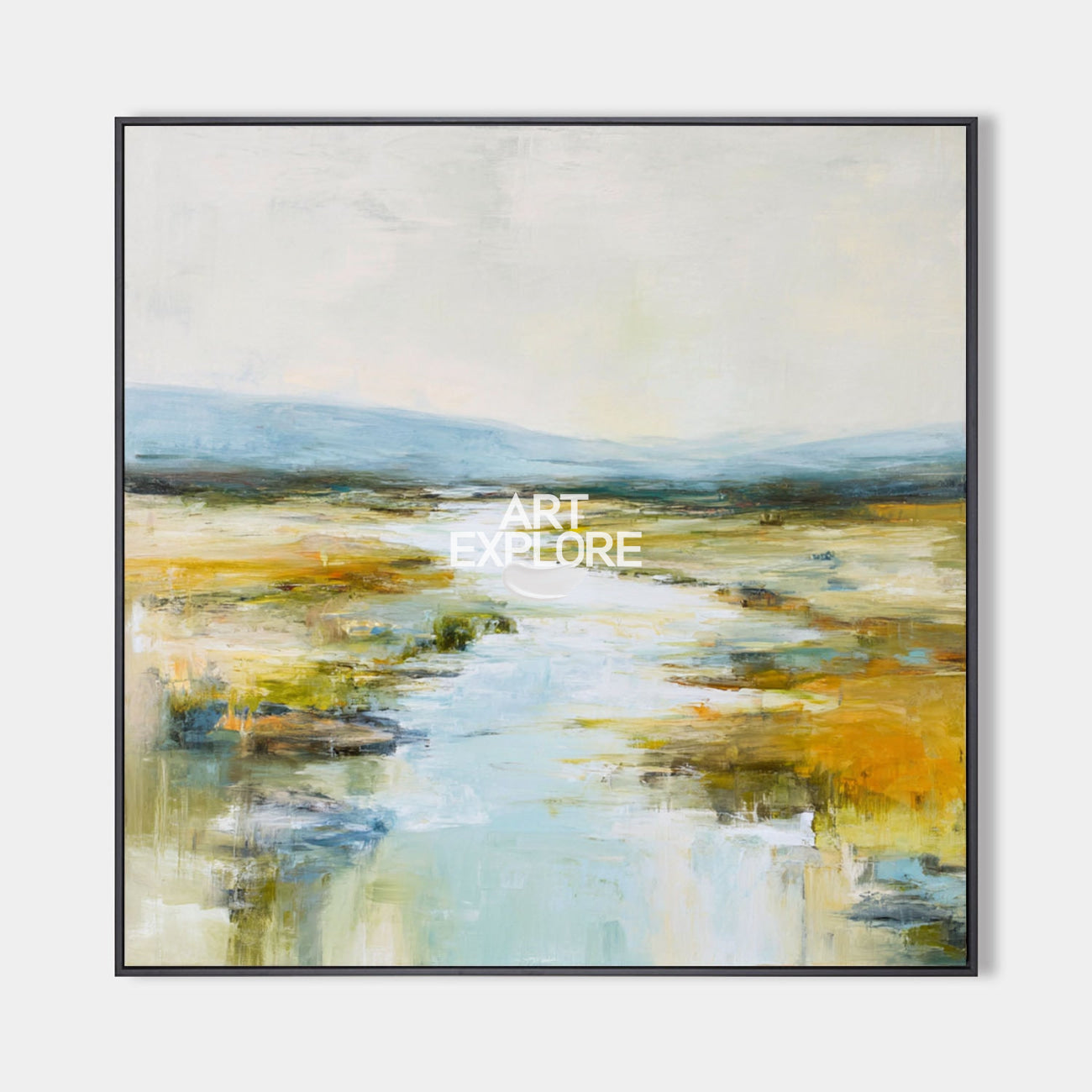 Original hand painted abstract valley oil painting, amber gold tones, winding river, blue mountains, elegant luxury modern nordic scand
