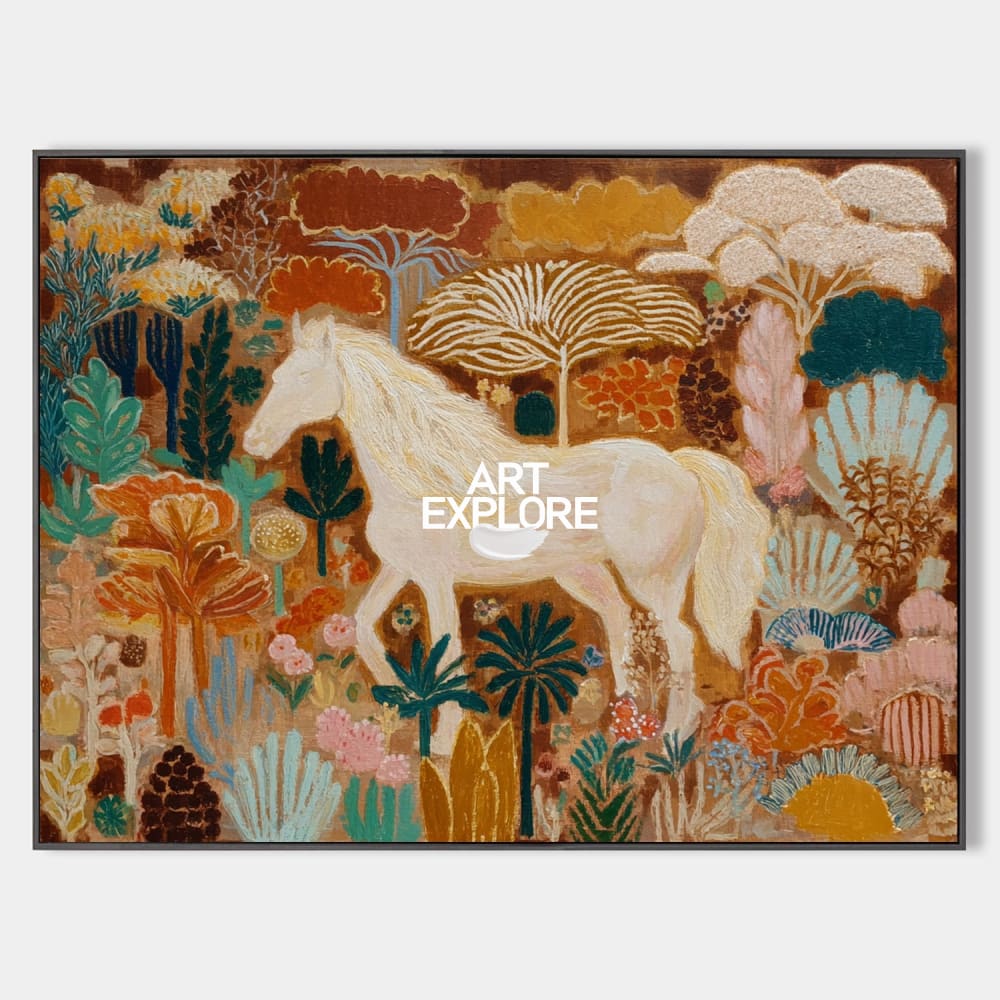 Original hand painted white horse botanical oil painting canvas wall art, warm earthy tones elegant luxury modern eclectic nordic home