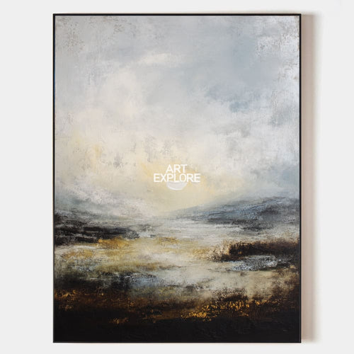 Original hand painted grey gold abstract landscape oil painting canvas wall art, nordic scandinavian minimalist elegant luxury modern l