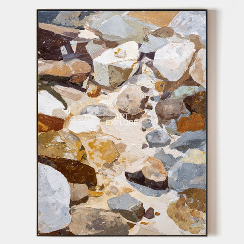 Original hand painted amber ivory slate stone abstract oil painting canvas wall art, nordic scandinavian elegant luxury modern coastal