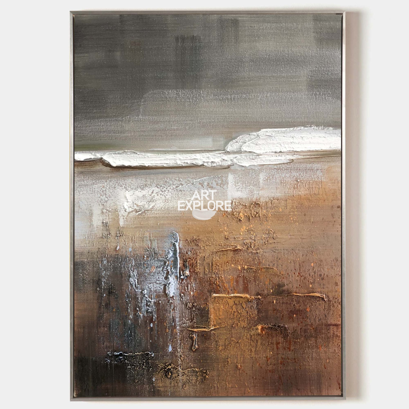 Original hand painted sienna brown grey abstract oil painting canvas wall art, textured impasto nordic scandinavian elegant luxury mode