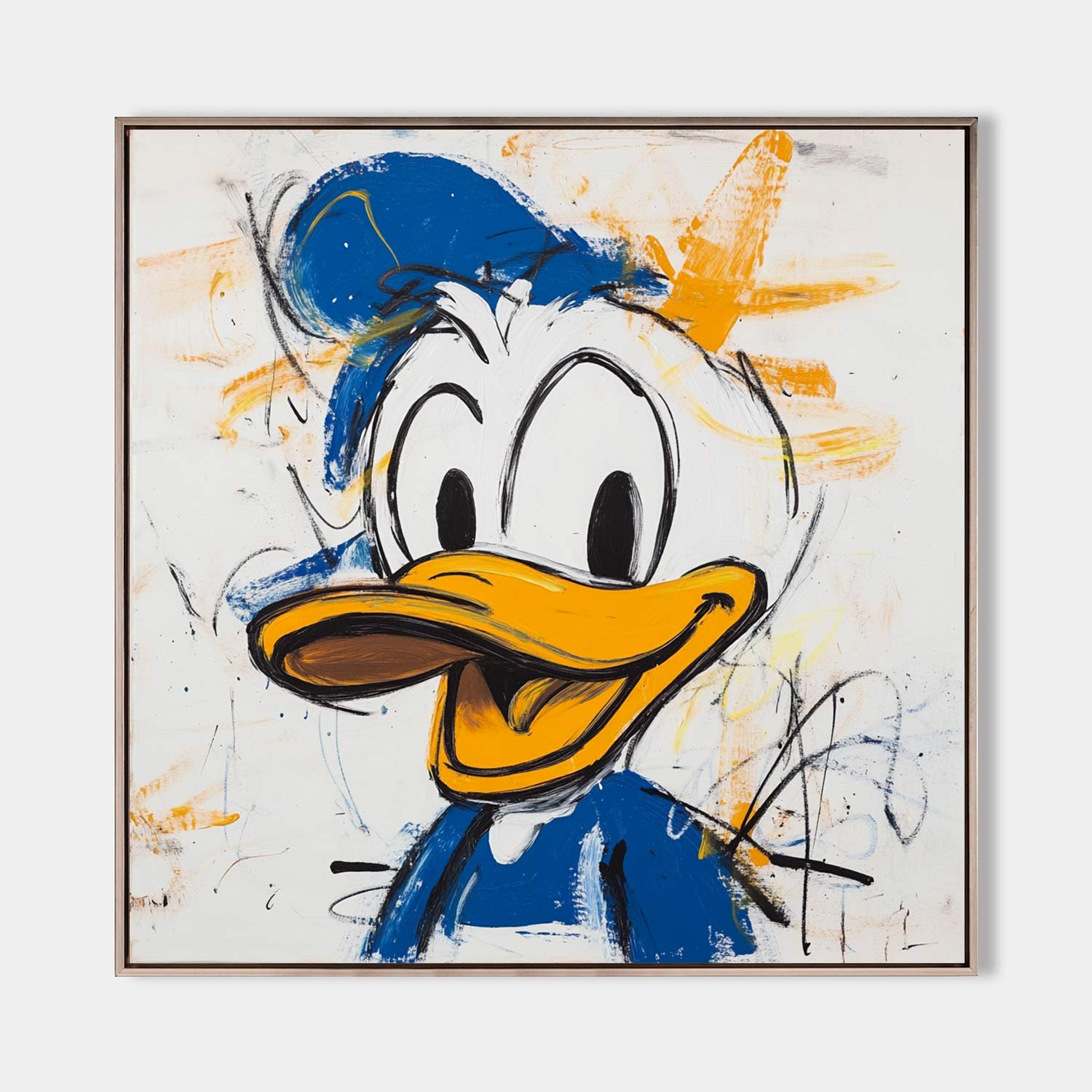 Original hand painted blue yellow Donald Duck abstract oil painting canvas wall art, modern elegant luxury pop art home decor interior