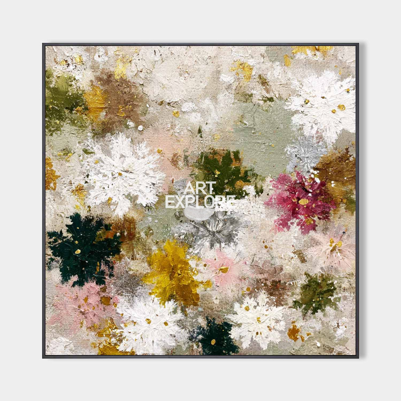 Original hand painted abstract floral oil painting canvas, white gold pink sage botanical luxury elegant modern nordic scandinavian liv