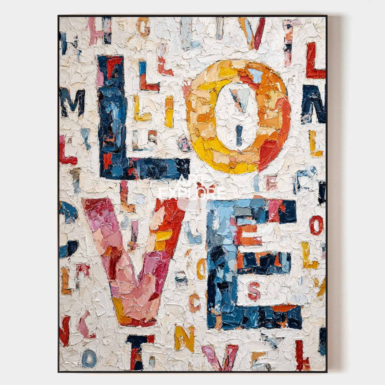 Original hand painted LOVE abstract oil painting, bold crimson navy gold textured canvas wall art, modern elegant luxury contemporary h