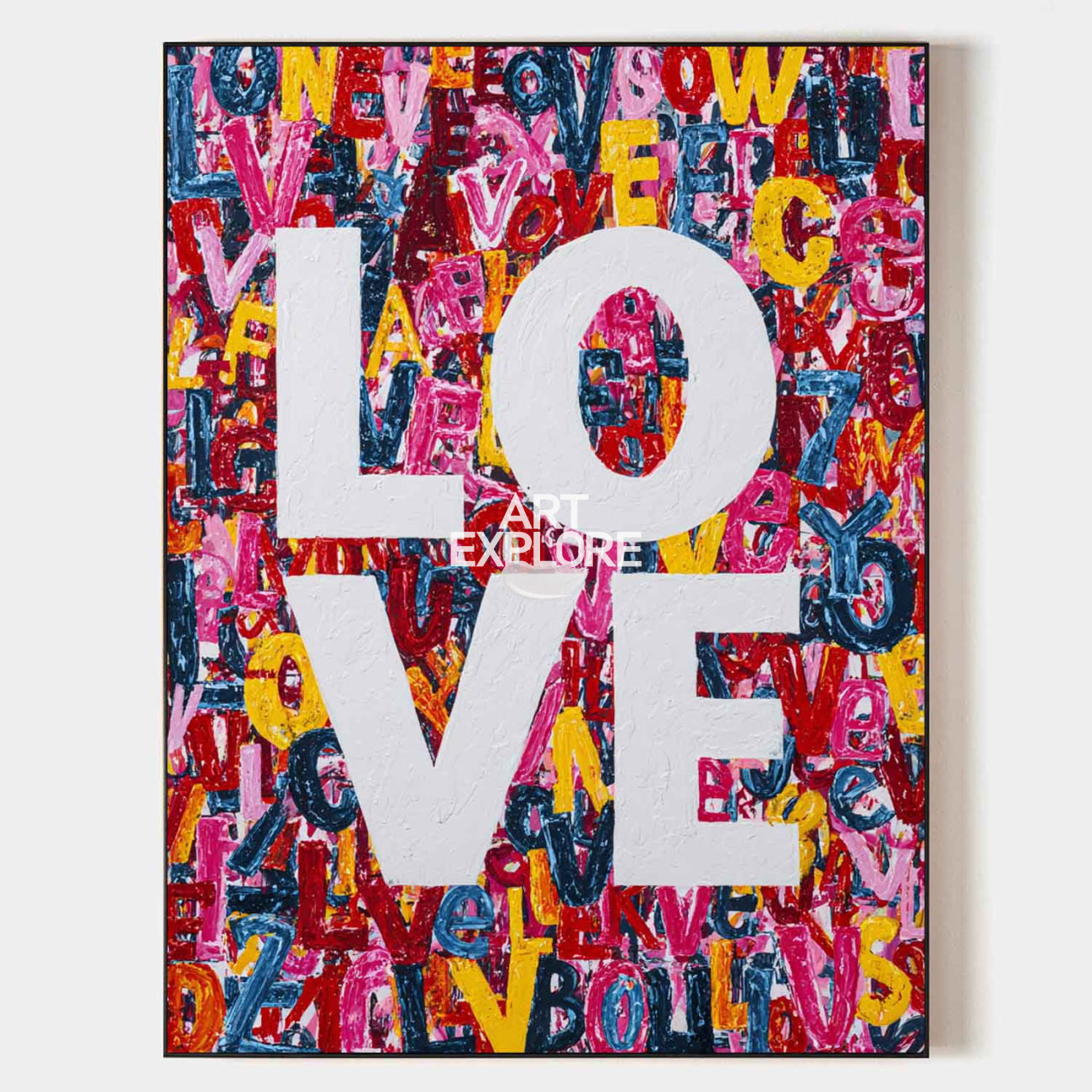 Original hand painted bold LOVE abstract oil painting canvas wall art, vibrant pink red yellow navy modern luxury elegant living room h