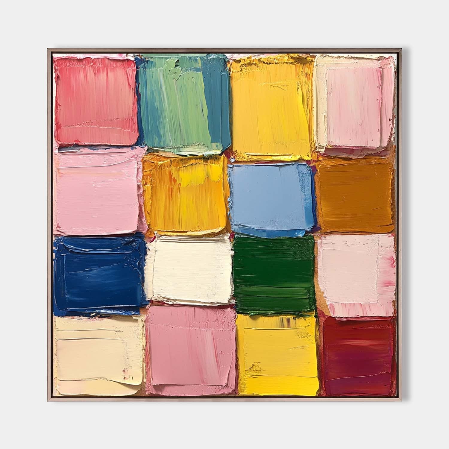 Original hand painted colorful geometric abstract oil painting canvas wall art, bold pink yellow blue green blocks, modern elegant luxu