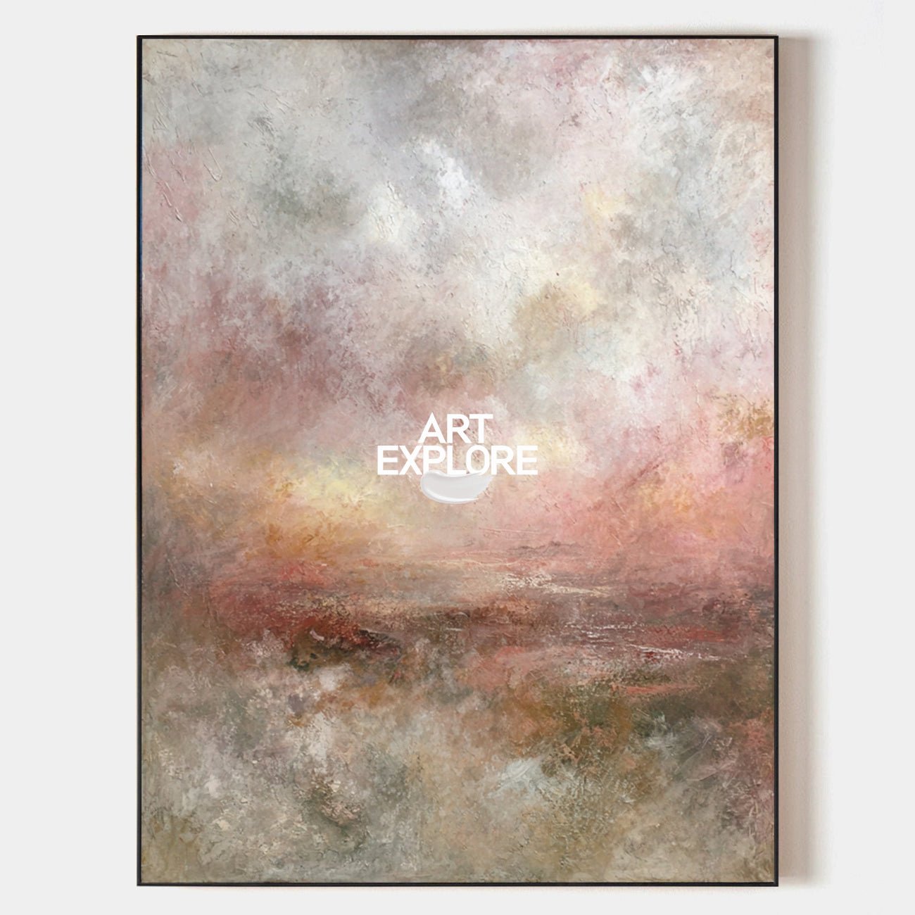 Original hand painted blush pink abstract landscape oil painting canvas wall art, nordic scandinavian elegant luxury modern living room