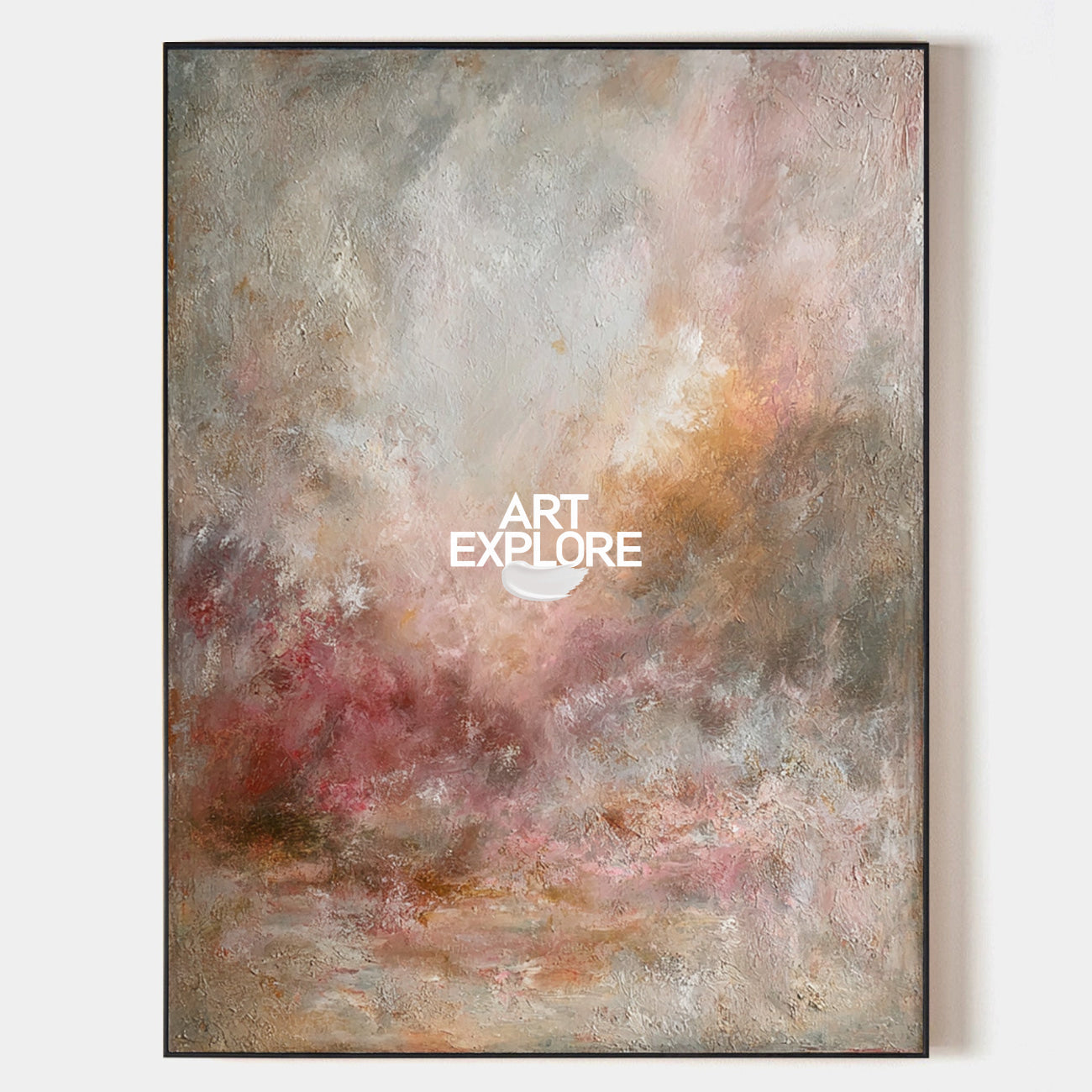 Original hand painted blush rose abstract oil painting canvas wall art, atmospheric vintage landscape nordic scandinavian elegant luxur