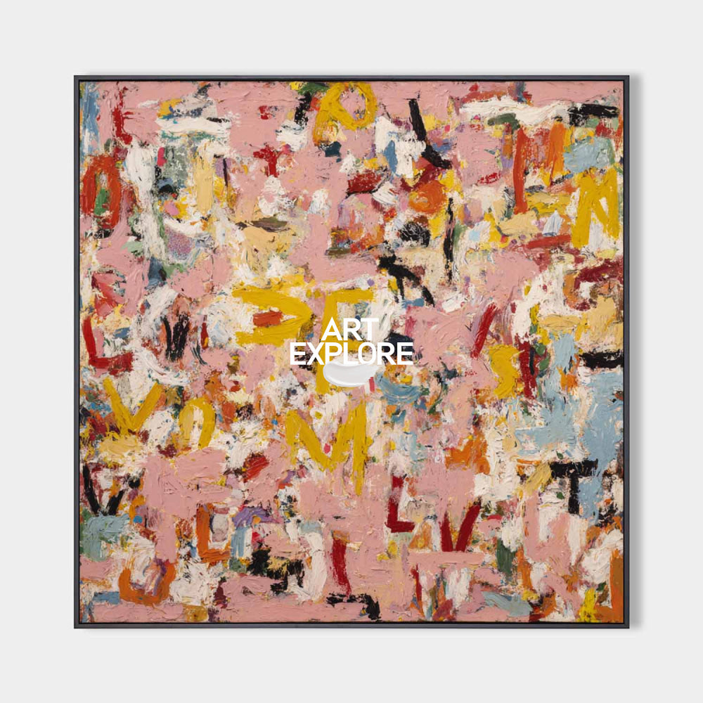 Original hand painted blush pink abstract oil painting canvas wall art, bold yellow red strokes, luxury modern elegant home decor inter