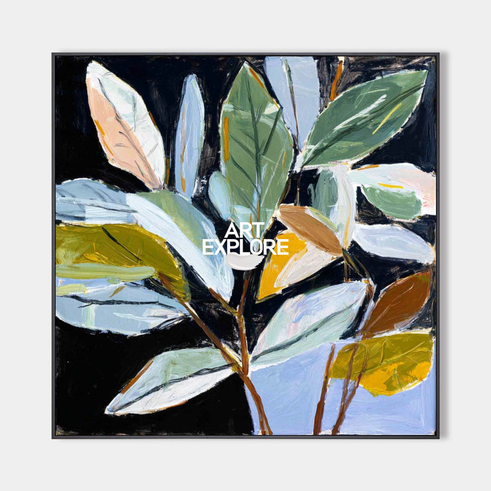 Hand painted original oil painting botanical leaf wall art canvas elegant luxury modern nordic scandinavian home decor sage gold black