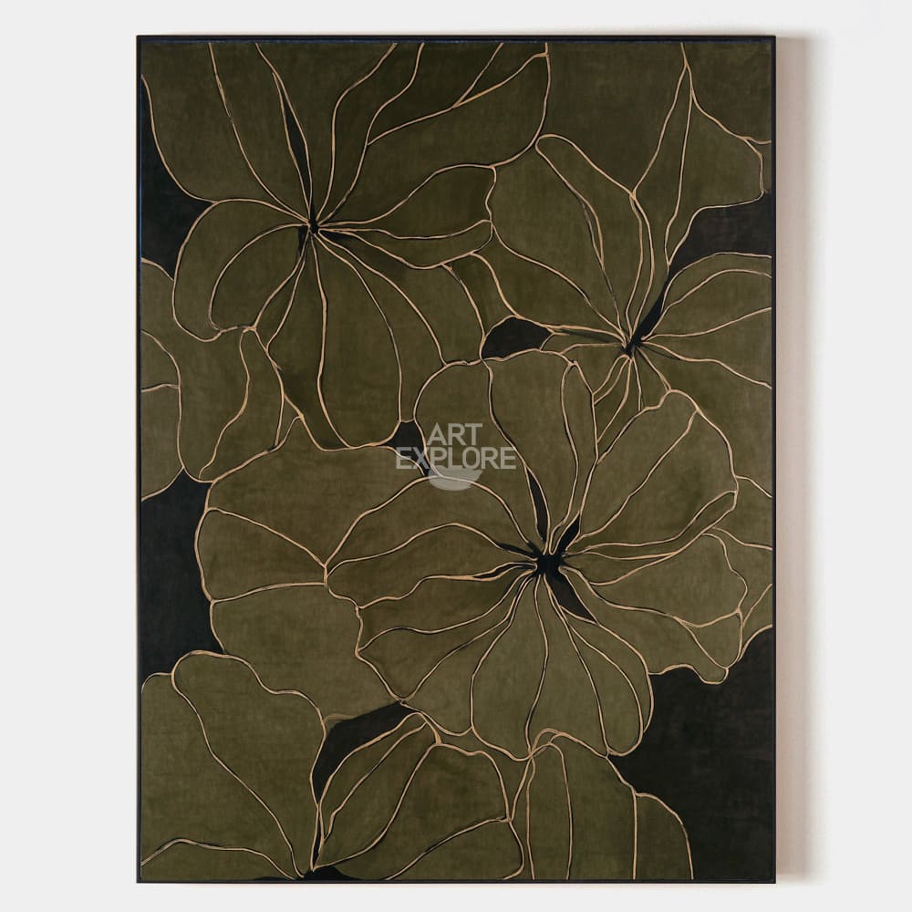 Original hand painted olive green abstract floral oil painting canvas wall art, nordic scandinavian minimalist elegant luxury modern ho