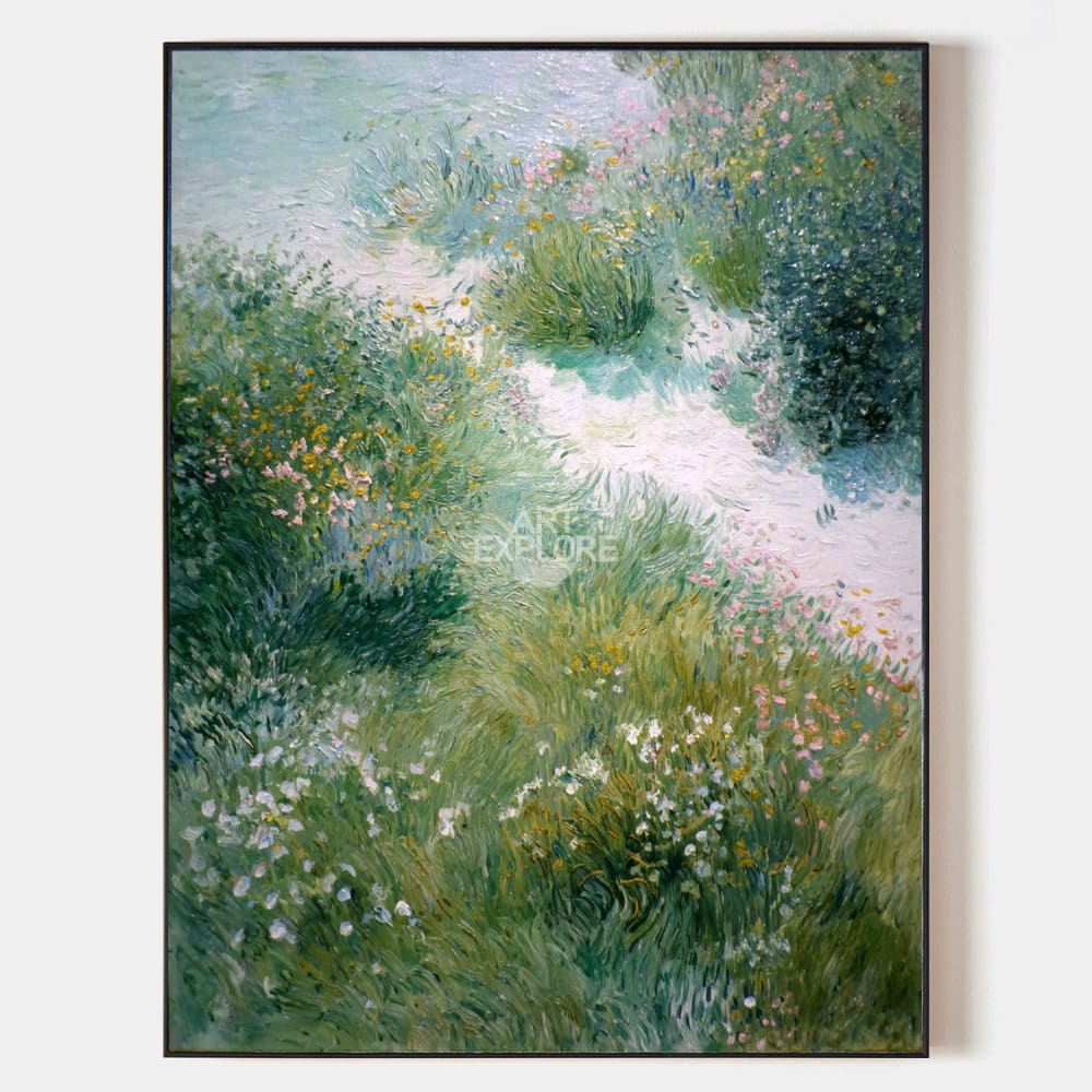 Original hand painted lush green botanical garden oil painting canvas wall art, impressionist wildflowers elegant luxury modern scandin