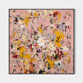 Original hand painted blush pink abstract oil painting canvas wall art, golden yellow black gestural marks, elegant modern luxury home