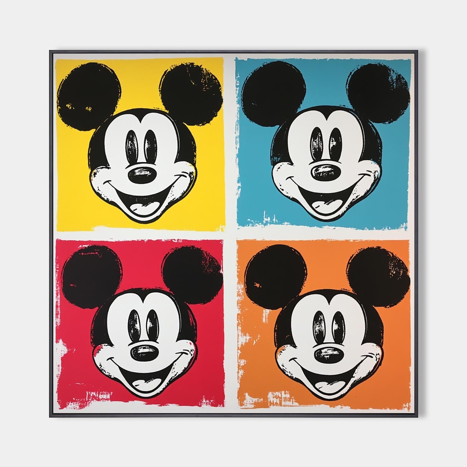 Original hand painted pop art oil painting canvas, bold Mickey Mouse quad in yellow blue red orange, modern luxury elegant home decor w