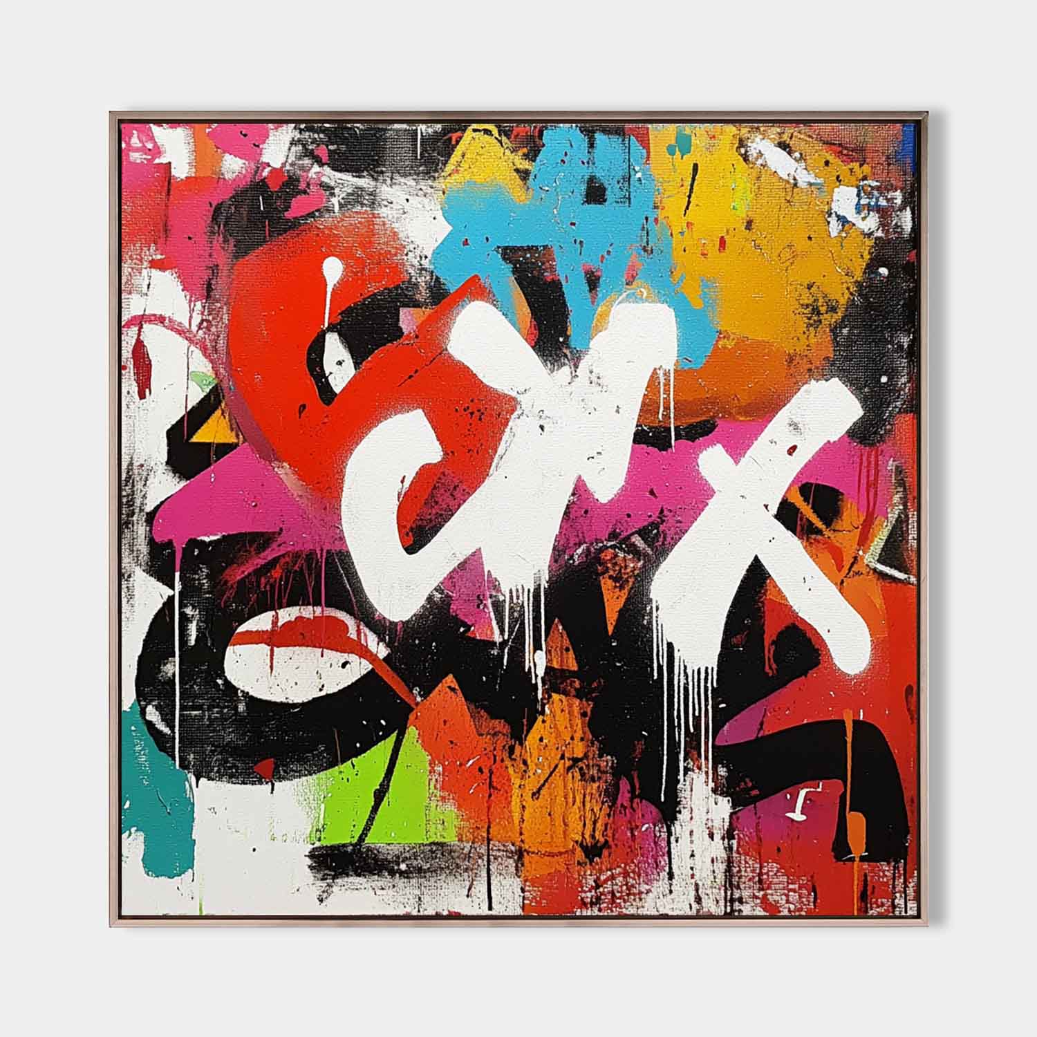 Original hand painted abstract graffiti oil painting canvas wall art, bold crimson magenta cyan luxury modern elegant home decor interi