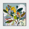 Original hand painted bold botanical oil painting canvas wall art, vibrant yellow green leaves abstract nordic elegant luxury modern ho