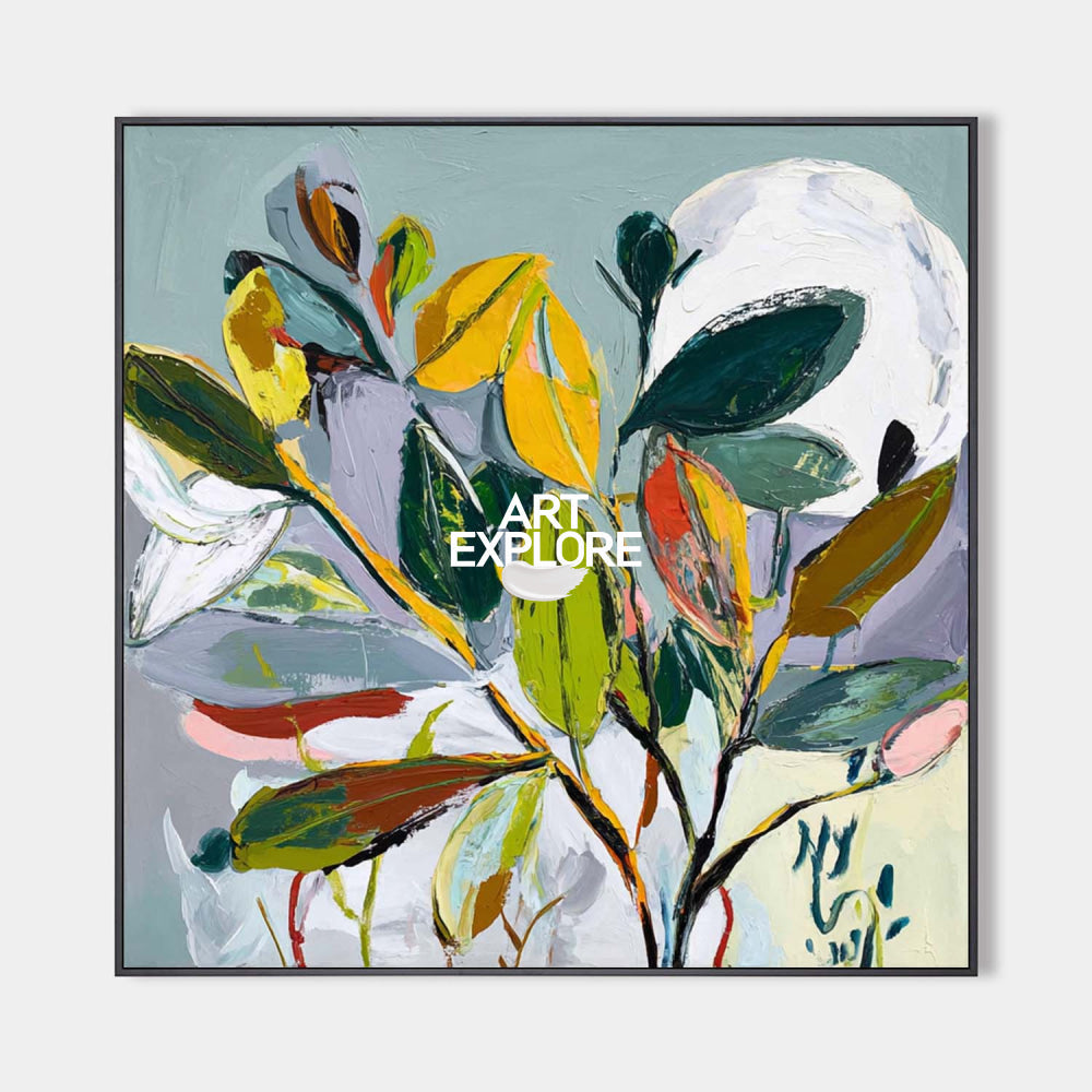 Original hand painted bold botanical oil painting canvas wall art, vibrant yellow green leaves abstract nordic elegant luxury modern ho