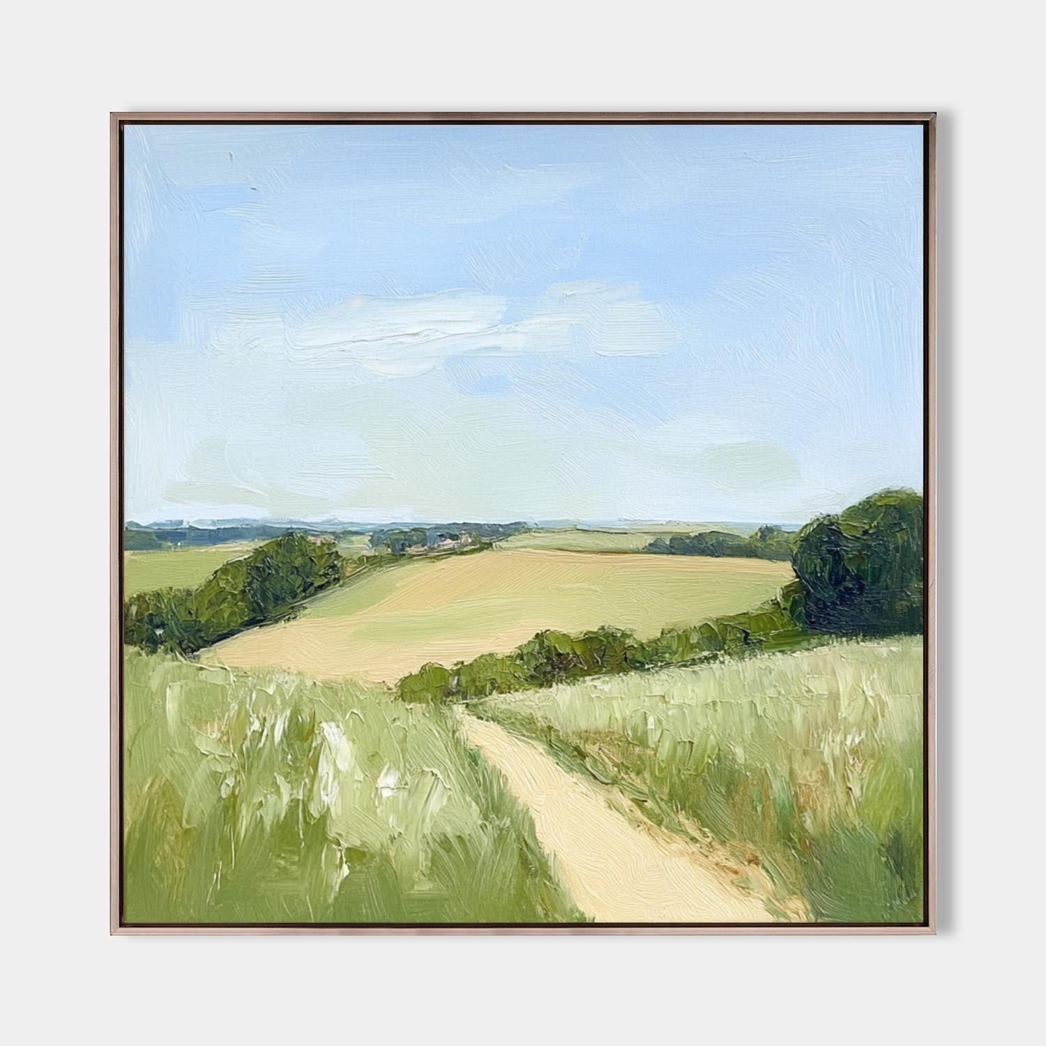 Original hand painted green golden landscape oil painting canvas wall art, nordic scandinavian minimalist elegant luxury modern living