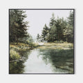 Original hand painted sage green forest river oil painting canvas wall art, nordic scandinavian elegant luxury modern living room inter