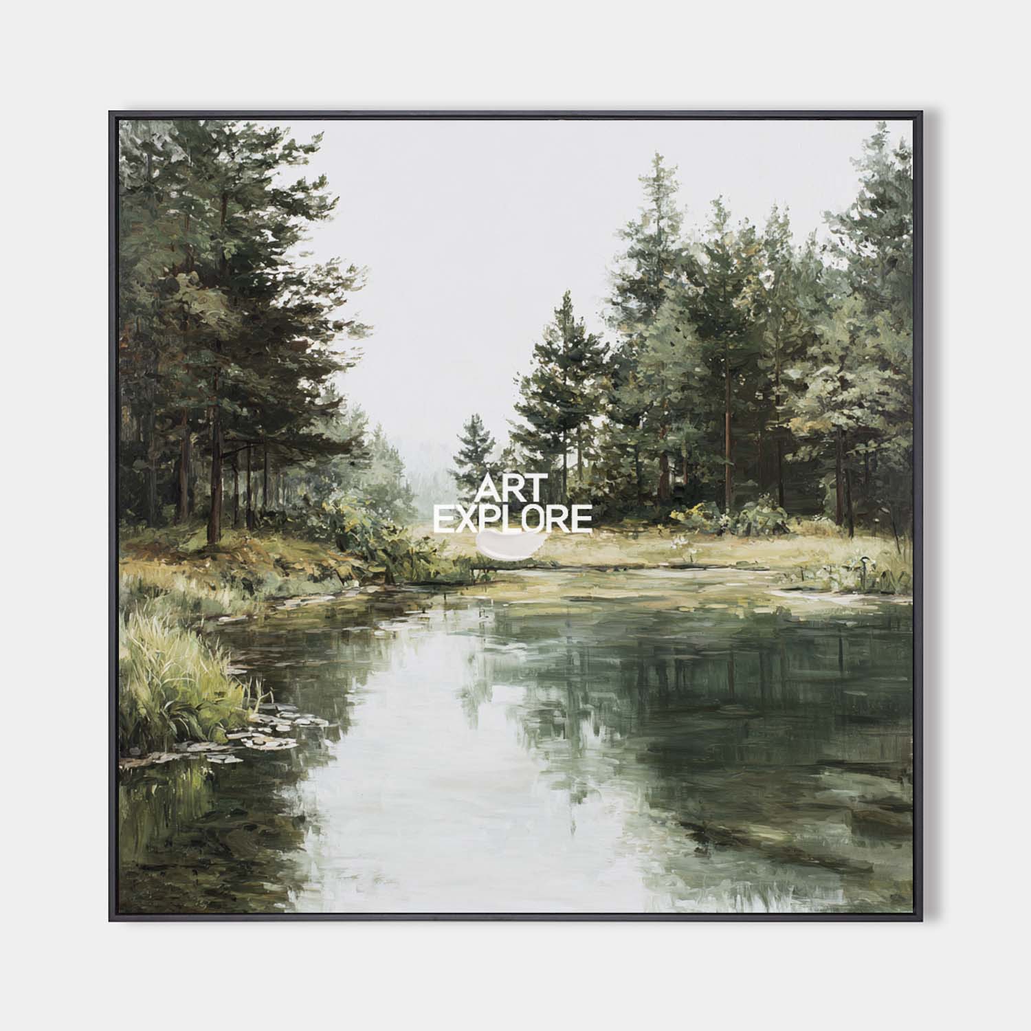 Original hand painted sage green forest river oil painting canvas wall art, nordic scandinavian elegant luxury modern living room inter