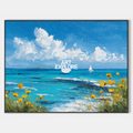 Original hand painted turquoise coastal ocean oil painting canvas, yellow wildflowers sailboat sky, elegant luxury modern scandinavian