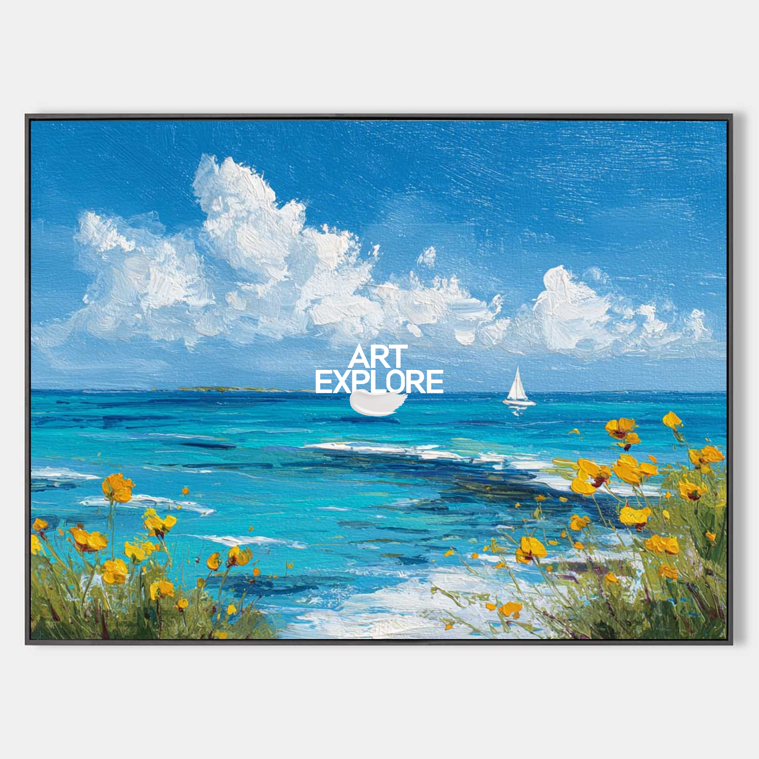 Original hand painted turquoise coastal ocean oil painting canvas, yellow wildflowers sailboat sky, elegant luxury modern scandinavian