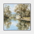 Original hand painted oil painting canvas wall art, serene river landscape golden green trees blue sky reflection, elegant luxury nordi