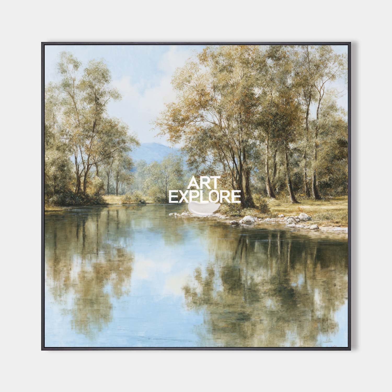 Original hand painted oil painting canvas wall art, serene river landscape golden green trees blue sky reflection, elegant luxury nordi