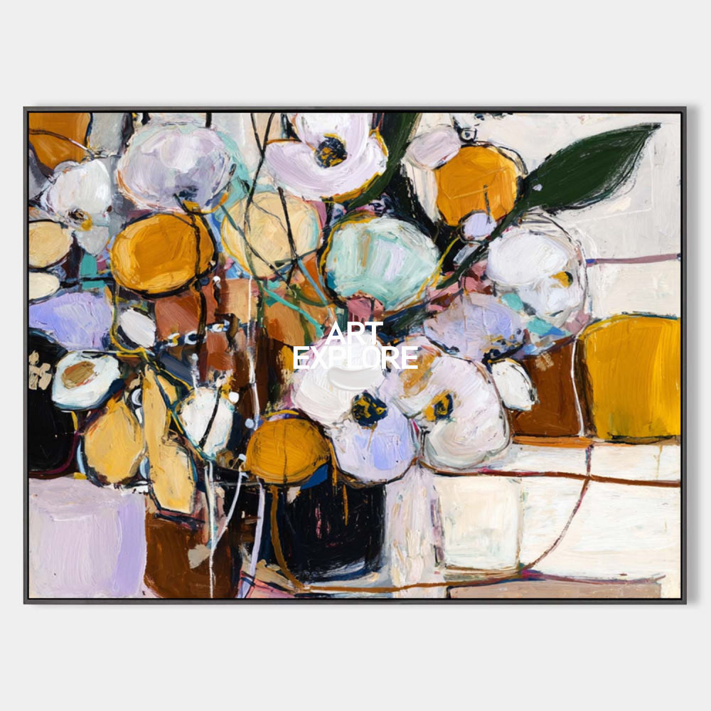 Original hand painted ochre white floral abstract oil painting canvas wall art, modern scandinavian elegant luxury botanical home decor