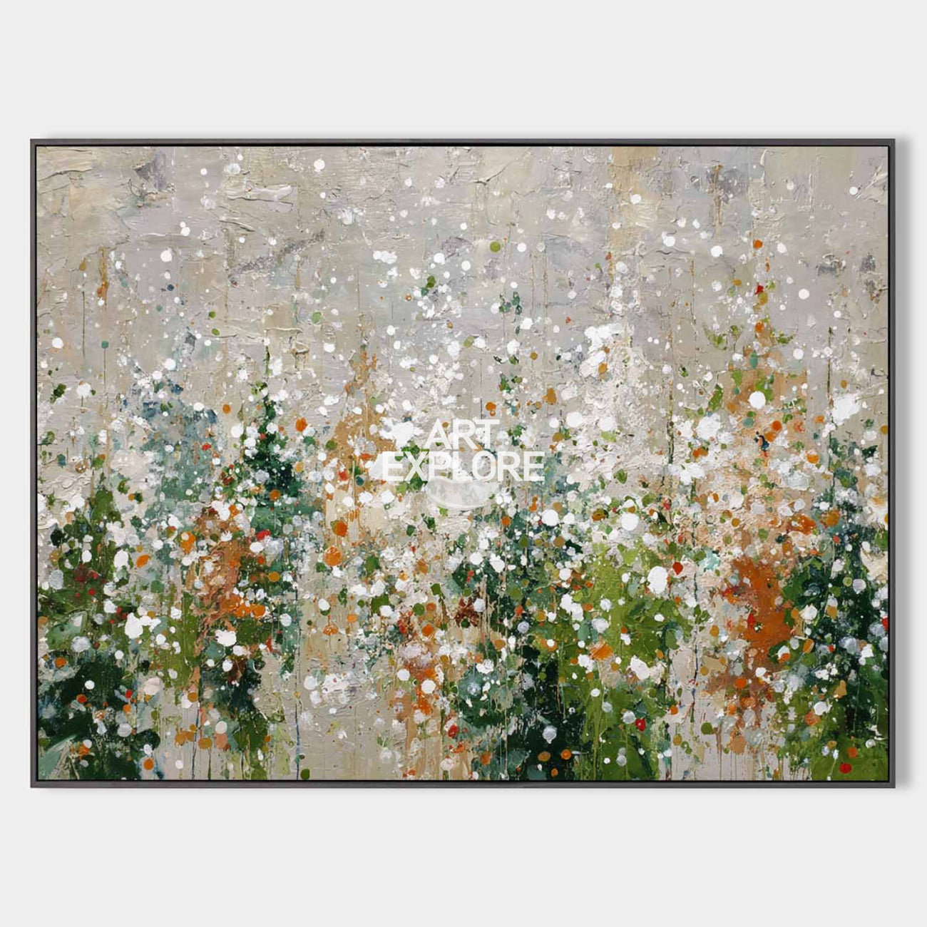 Hand painted original abstract botanical oil painting canvas, sage green orange white splatter floral, elegant luxury modern nordic sca