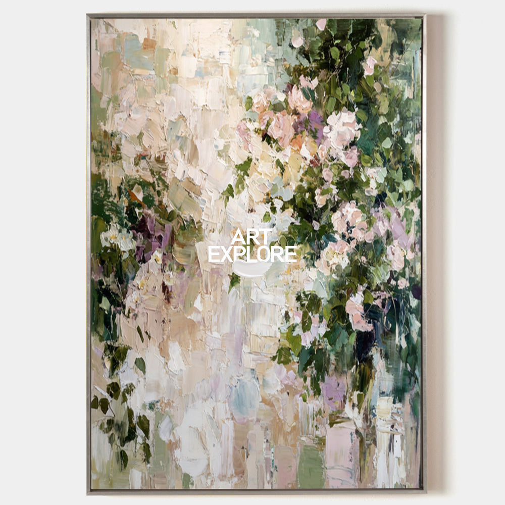 Hand painted original oil painting wall art canvas blush roses sage green floral elegant luxury nordic scandinavian modern home decor