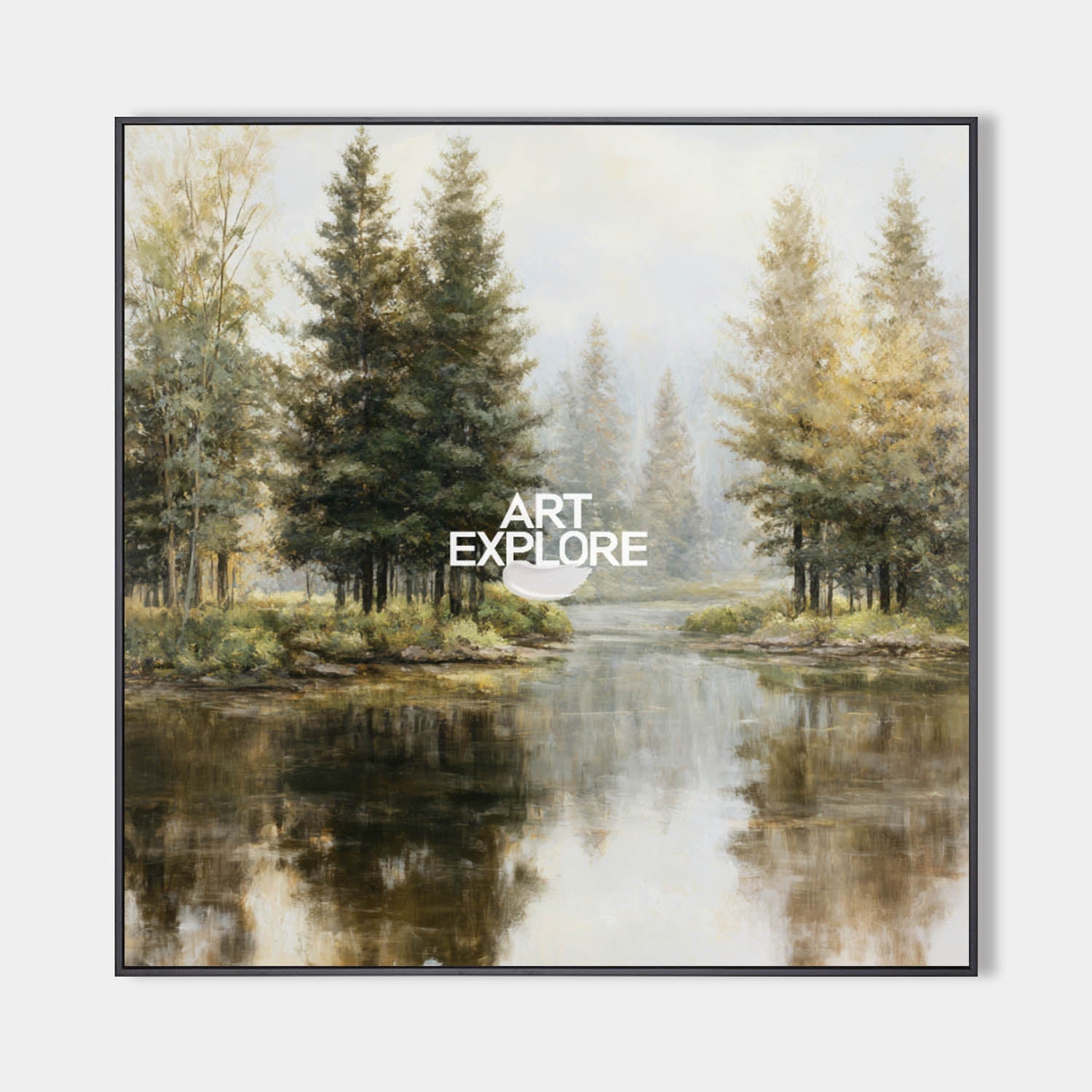 Original hand painted misty forest river oil painting canvas wall art, nordic scandinavian elegant luxury modern living room home decor