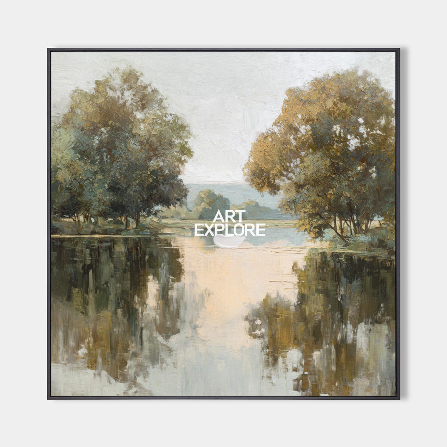 Original hand painted amber green landscape oil painting canvas wall art, elegant vintage nordic scandinavian luxury modern living room