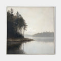 Original hand painted charcoal ivory nordic lake pine silhouette oil painting canvas wall art, scandinavian minimalist elegant luxury m