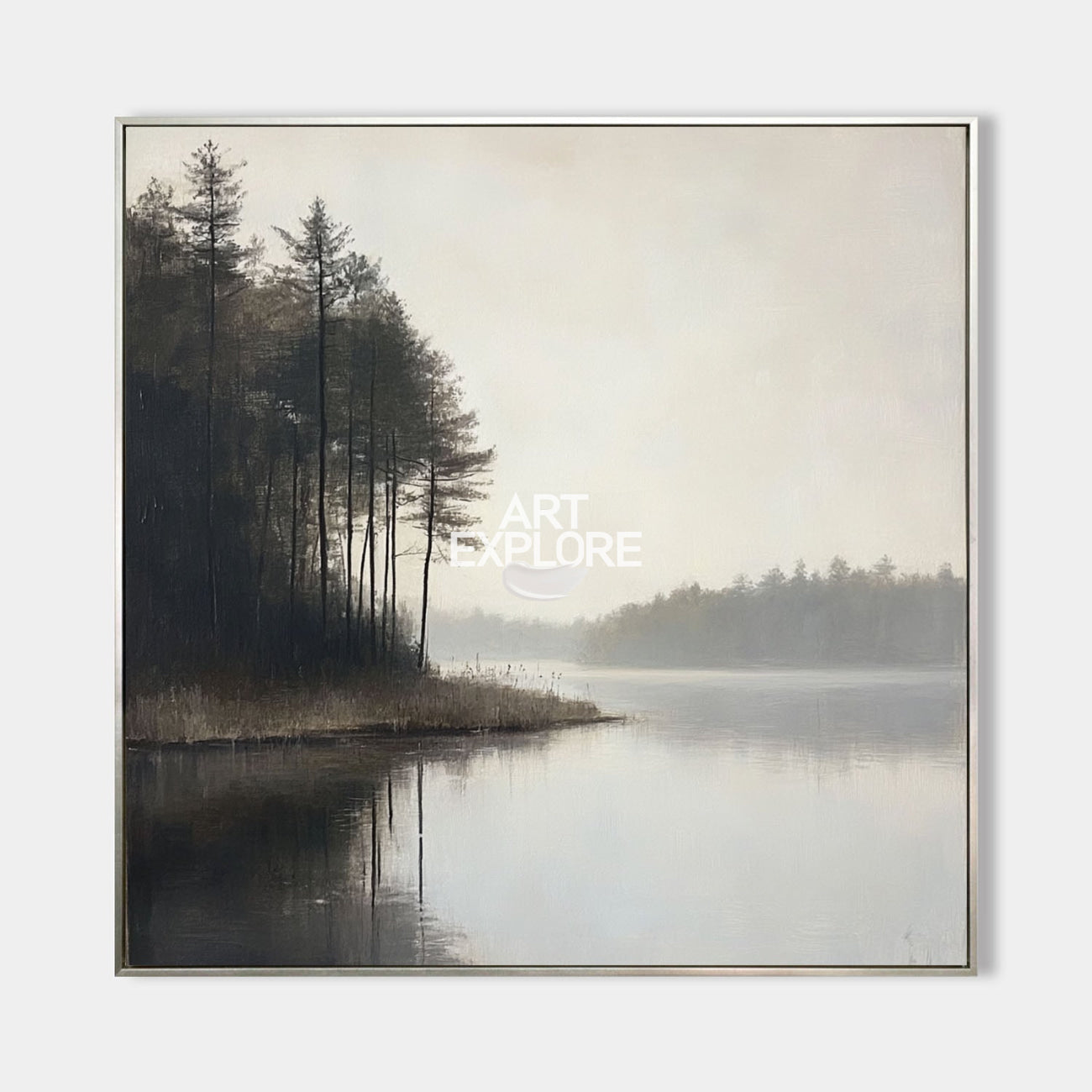 Original hand painted charcoal ivory nordic lake pine silhouette oil painting canvas wall art, scandinavian minimalist elegant luxury m