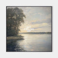 Original hand painted misty lake landscape oil painting canvas wall art, silver sage green golden tones, nordic scandinavian elegant lu