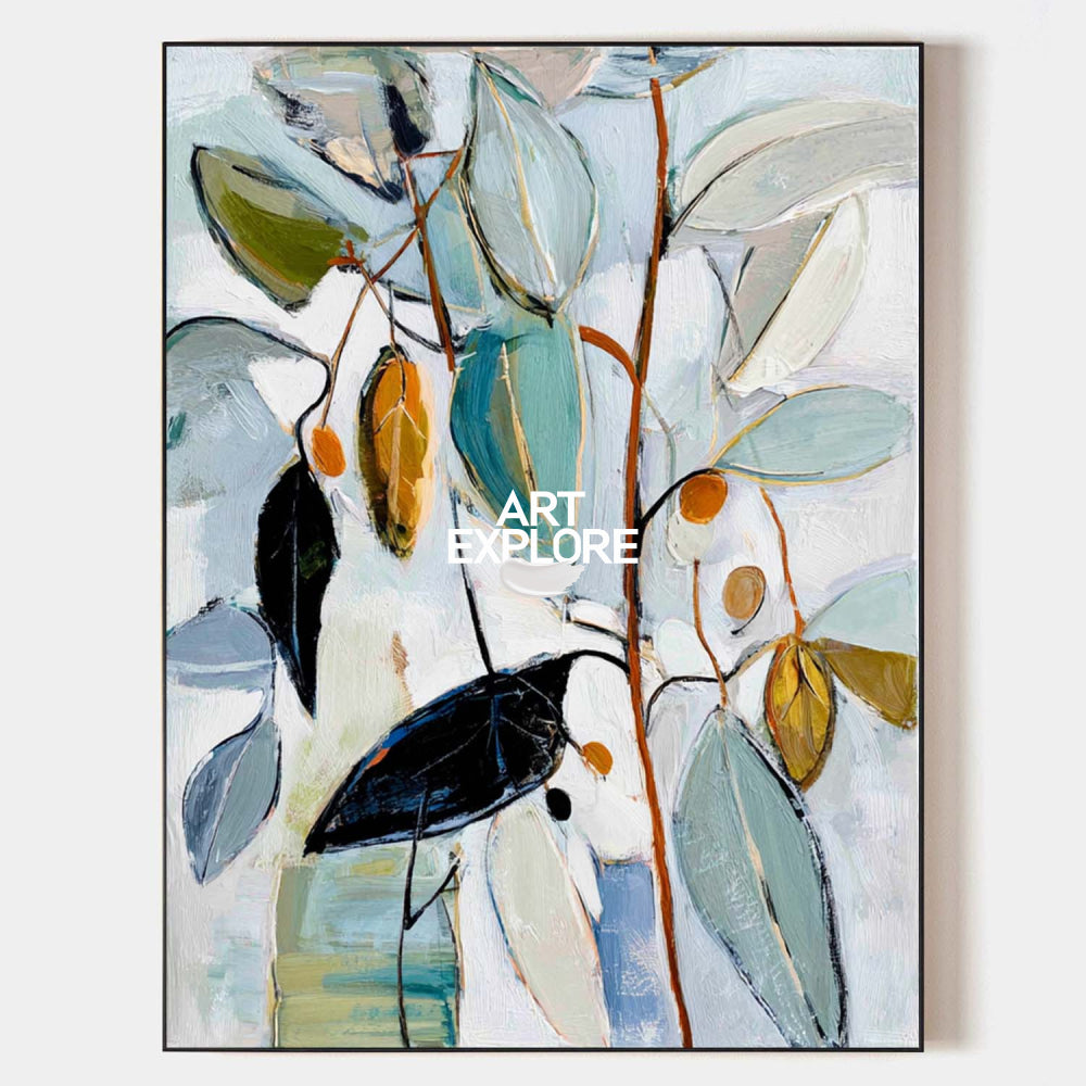 Hand painted original oil painting botanical wall art canvas nordic scandinavian elegant luxury modern home decor sage teal gold leaves