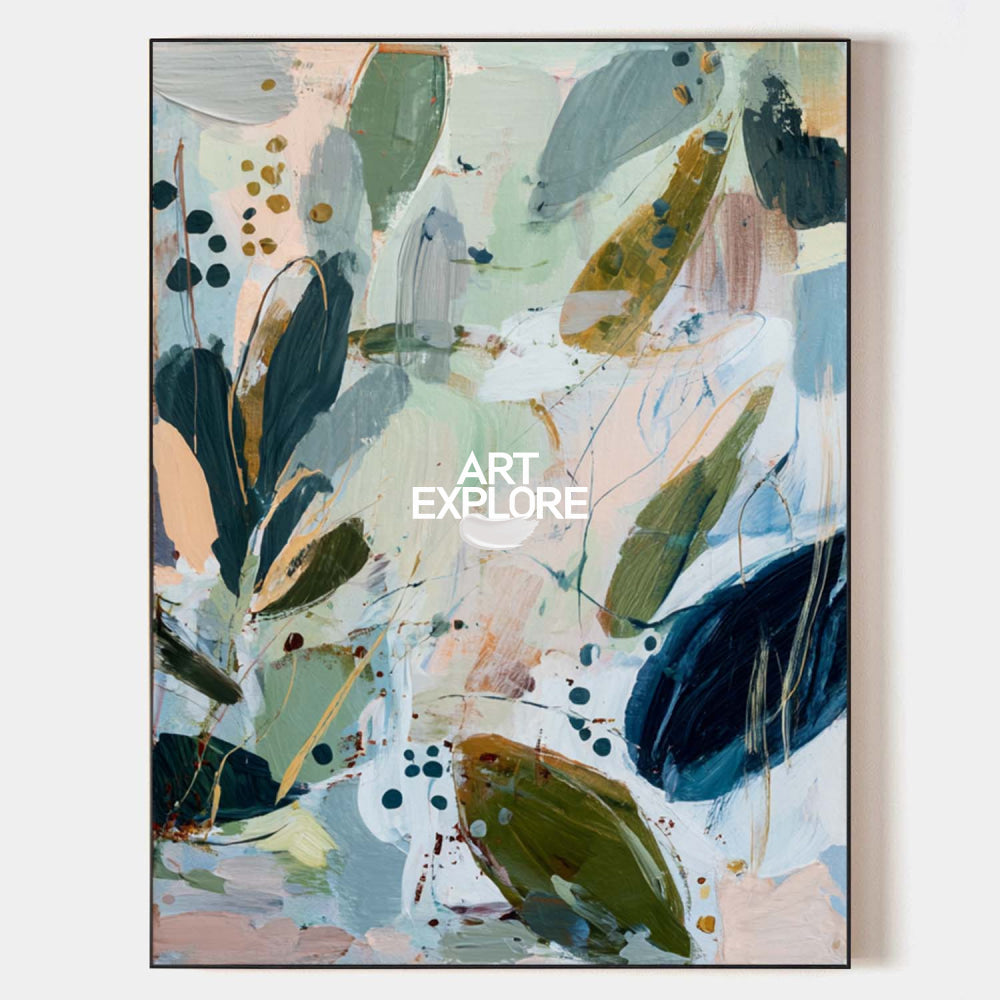 Hand painted original oil painting on canvas, sage green navy blue gold abstract botanical wall art, nordic scandinavian elegant luxury