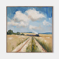 Original hand painted golden wheat field steam train oil painting canvas wall art, elegant vintage luxury modern scandinavian rustic li