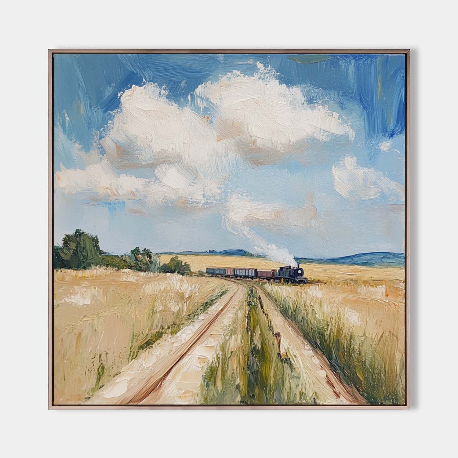 Original hand painted golden wheat field steam train oil painting canvas wall art, elegant vintage luxury modern scandinavian rustic li