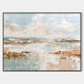 Original hand painted coastal abstract oil painting, soft blue sky sandy brown tones, elegant nordic scandinavian luxury modern canvas