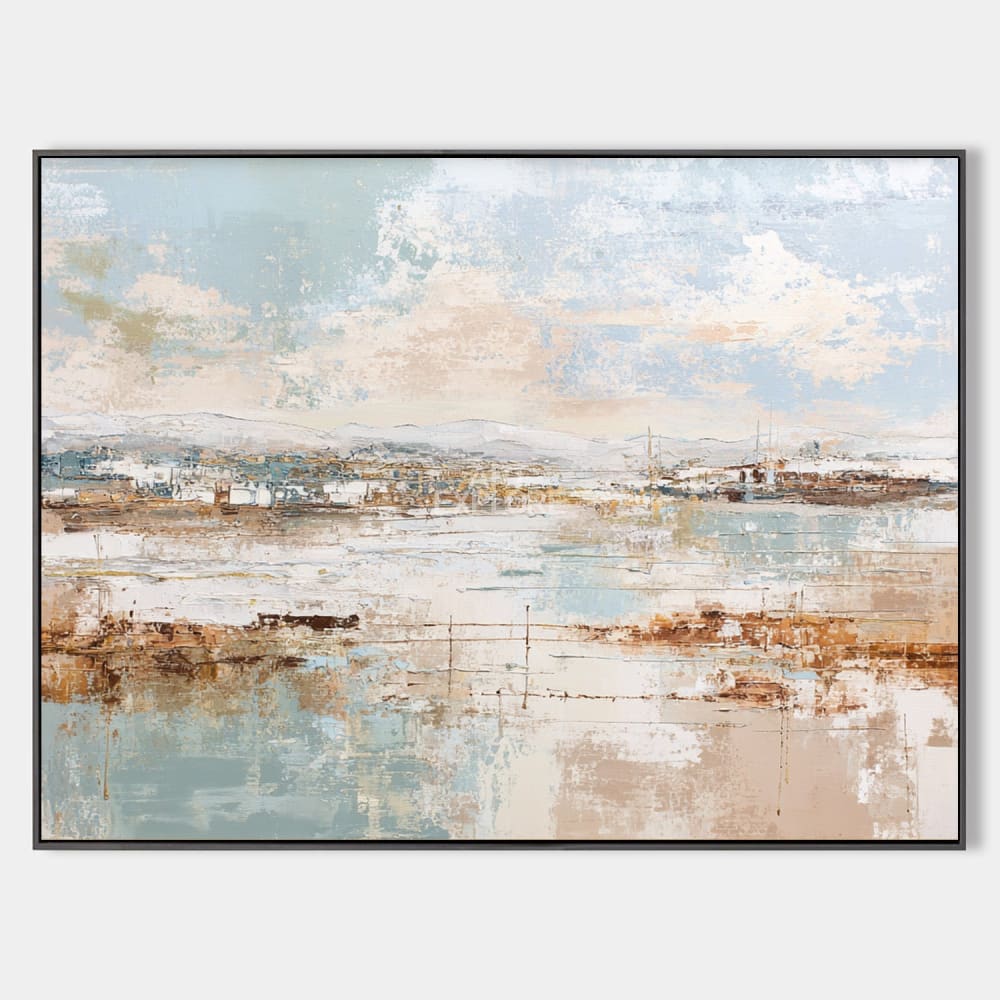 Original hand painted coastal abstract oil painting, soft blue sky sandy brown tones, elegant nordic scandinavian luxury modern canvas