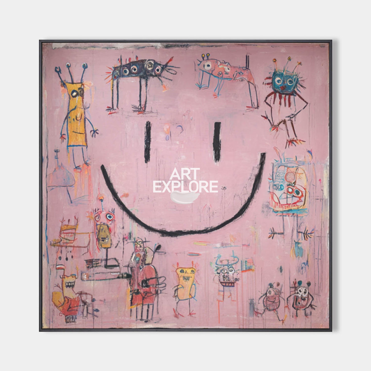 Original hand painted blush pink abstract oil painting canvas wall art, smiley face monsters figures modern elegant luxury eclectic hom