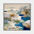 Original hand painted coastal oil painting canvas wall art, navy teal cream rocky shore abstract nordic scandinavian elegant luxury mod